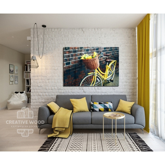 Картины в интерьере артикул Велосипеды - Жёлтый велосипед с тюльпанами, Велосипеды, Creative Wood